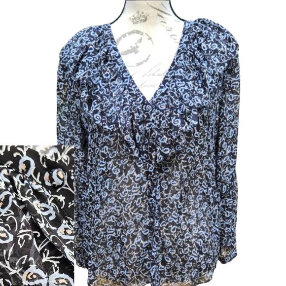 Veronica Beard -561 Silk Buttoned Ruffle Blouse Long Sleeve Navy and Gold Size 6 - Picture 2 of 12